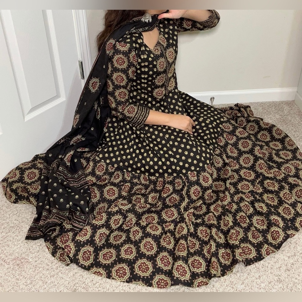 Azrak print anarkali Elegant Black and Gold Patterned Dress